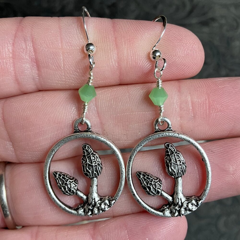 Morel Mushroom Earrings With Green Beads